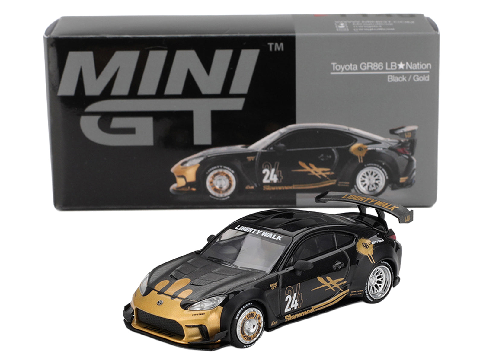 Toyota GR86 "LB-Nation - Liberty Walk" #24 Black with Carbon Hood and Gold Graphics Limited Edition 1/64 Diecast Model Car by Mini GT - image 4