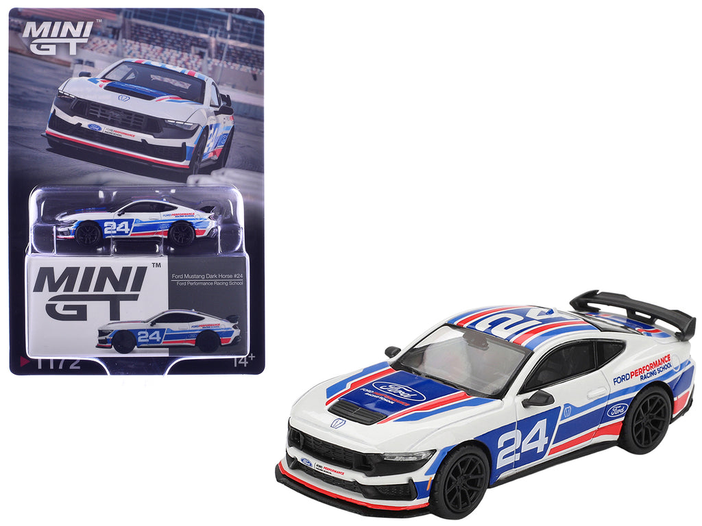 Ford Mustang Dark Horse #24 "Ford Performance Racing School" White with Red and Blue Graphics Limited Edition 1/64 Diecast Model Car by Mini GT