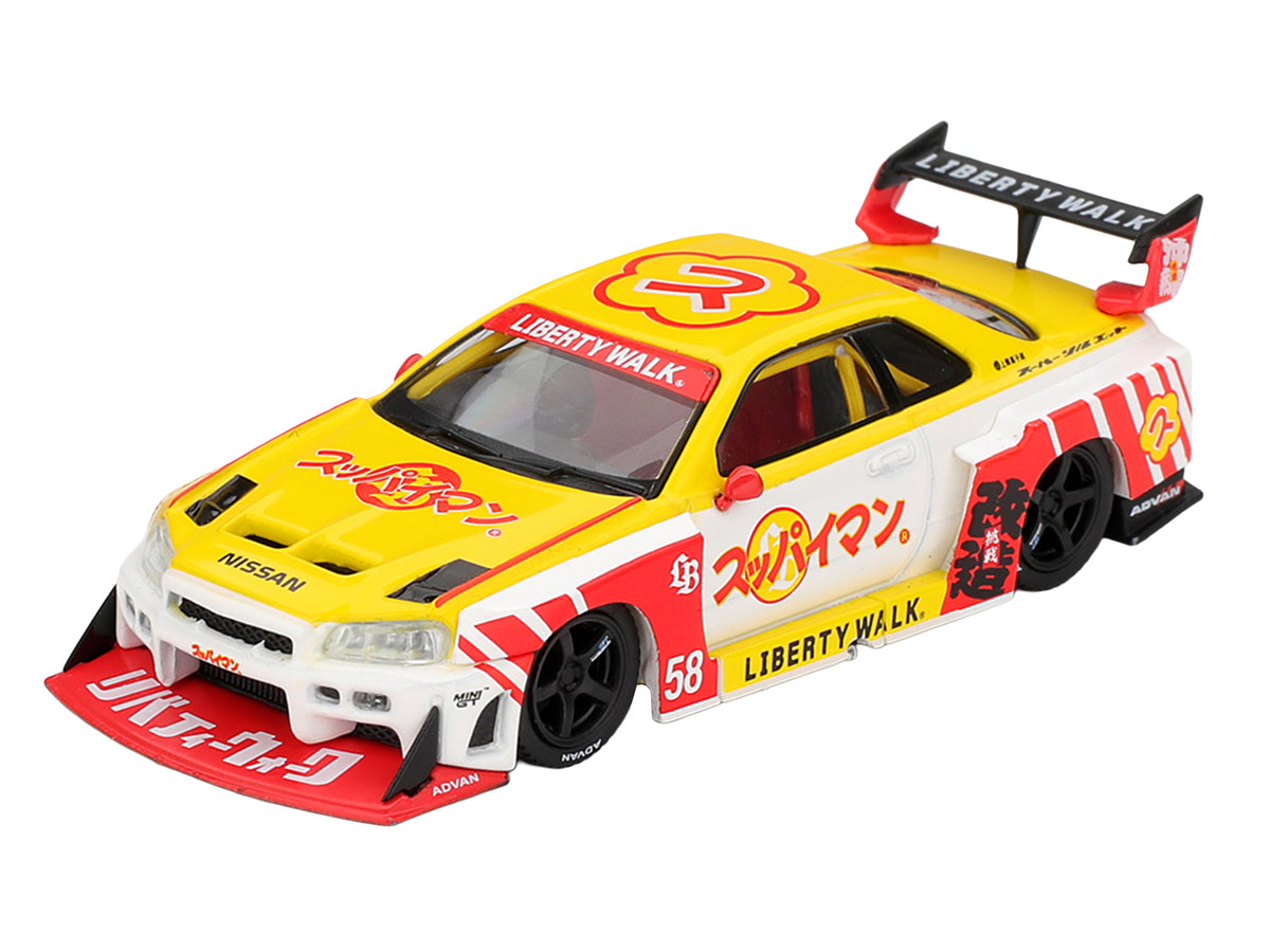 Nissan LB-ER34 Super Silhouette Skyline RHD (Right Hand Drive) #58 "Suppaiman Okinawa" Yellow and White with Graphics Limited Edition 1/64 Diecast Model Car by Mini GT - image 2
