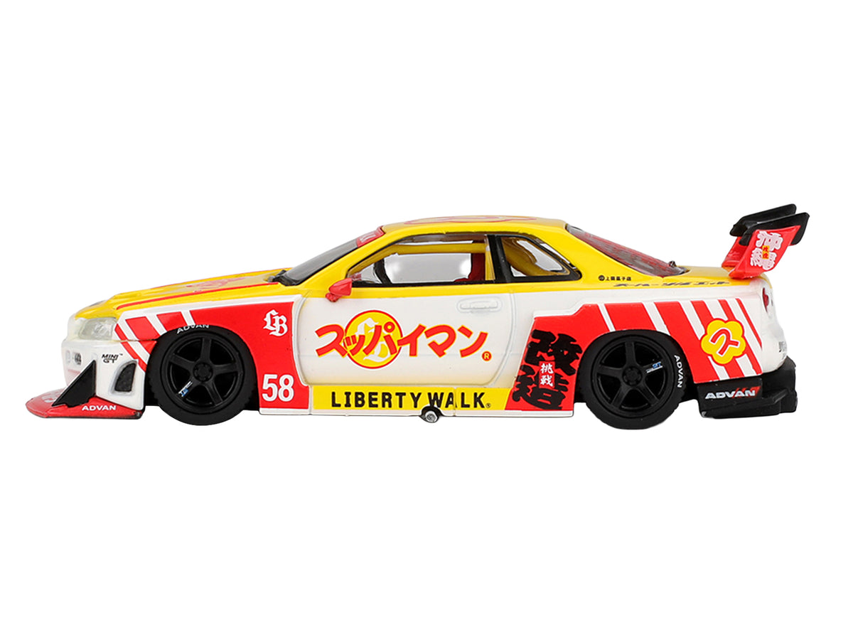 Nissan LB-ER34 Super Silhouette Skyline RHD (Right Hand Drive) #58 "Suppaiman Okinawa" Yellow and White with Graphics Limited Edition 1/64 Diecast Model Car by Mini GT - image 3