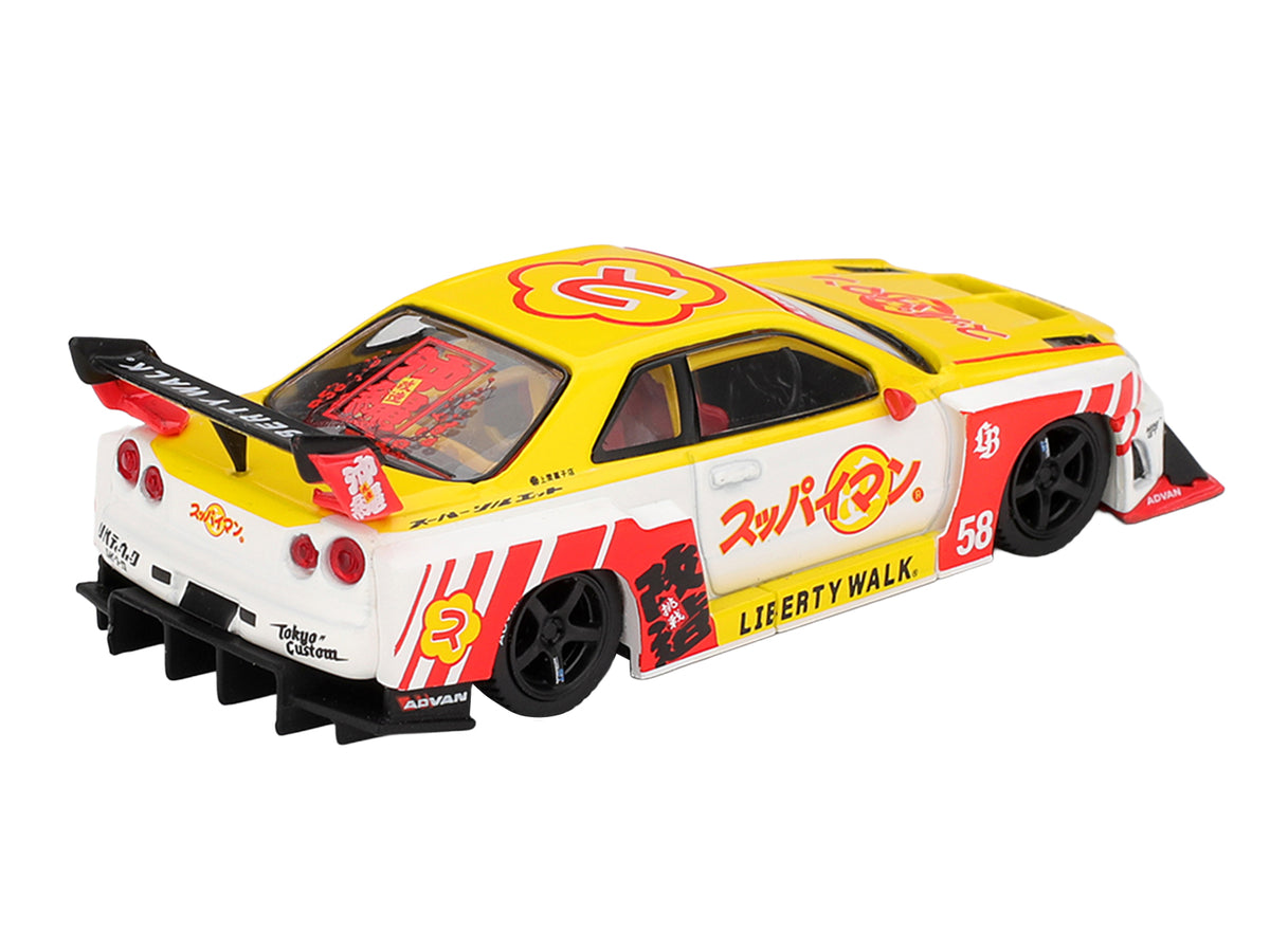 Nissan LB-ER34 Super Silhouette Skyline RHD (Right Hand Drive) #58 "Suppaiman Okinawa" Yellow and White with Graphics Limited Edition 1/64 Diecast Model Car by Mini GT - image 4