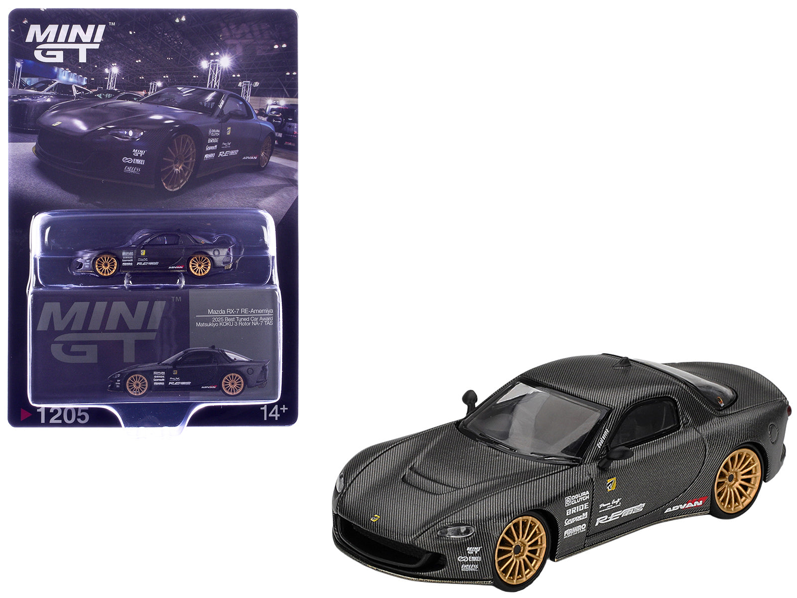 Mazda RX-7 RE-Amemiya "Matsukiyo KOKU 3 Rotor NA-7" Carbon Fiber "Tokyo Auto Salon 2025 Best Tuned Car Award" Limited Edition 1/64 Diecast Model Car by Mini GT