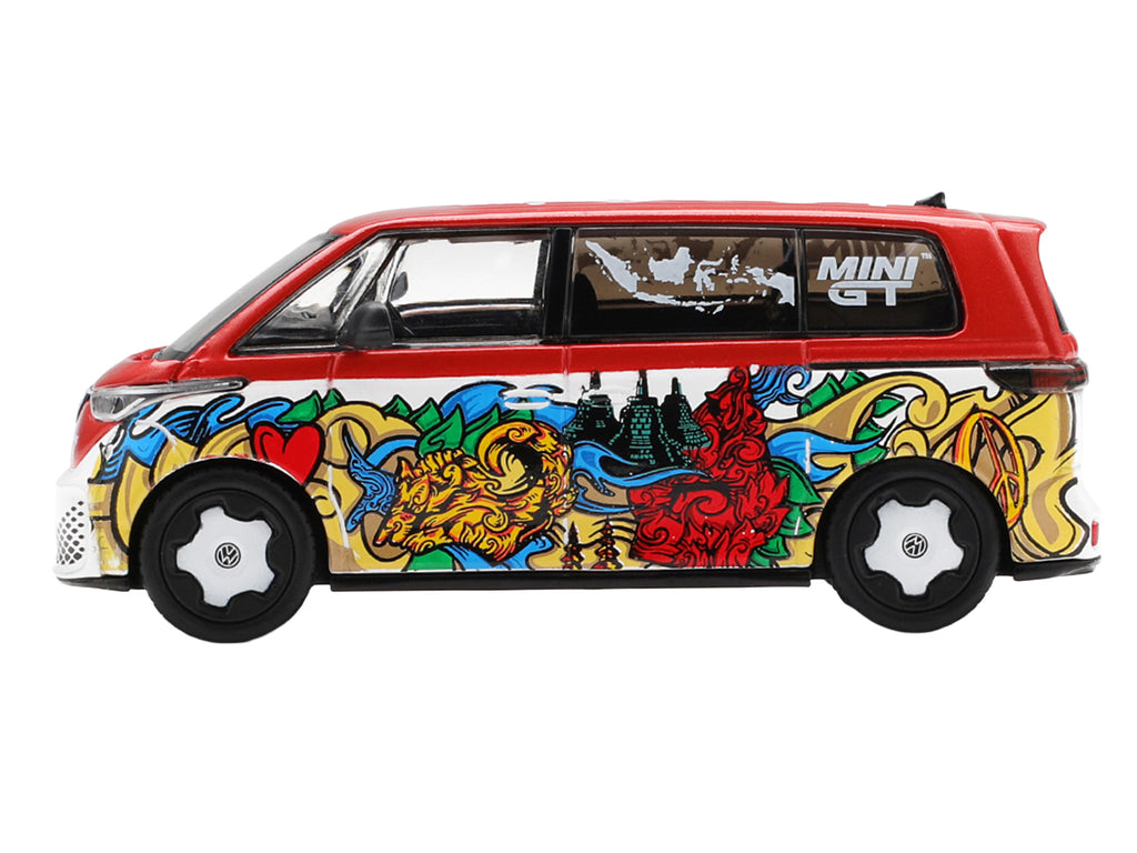Volkswagen ID. Buzz Van "Mizu Design" Red and White with Graphics Limited Edition 1/64 Diecast Model Car by Mini GT - image 3