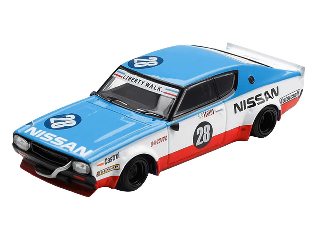 Nissan Skyline Kenmeri RHD (Right Hand Drive) #28 "Liberty Walk - Nissan Racing 1975 Concept" Blue and White with Red Stripes Limited Edition 1/64 Diecast Model Car by Mini GT
