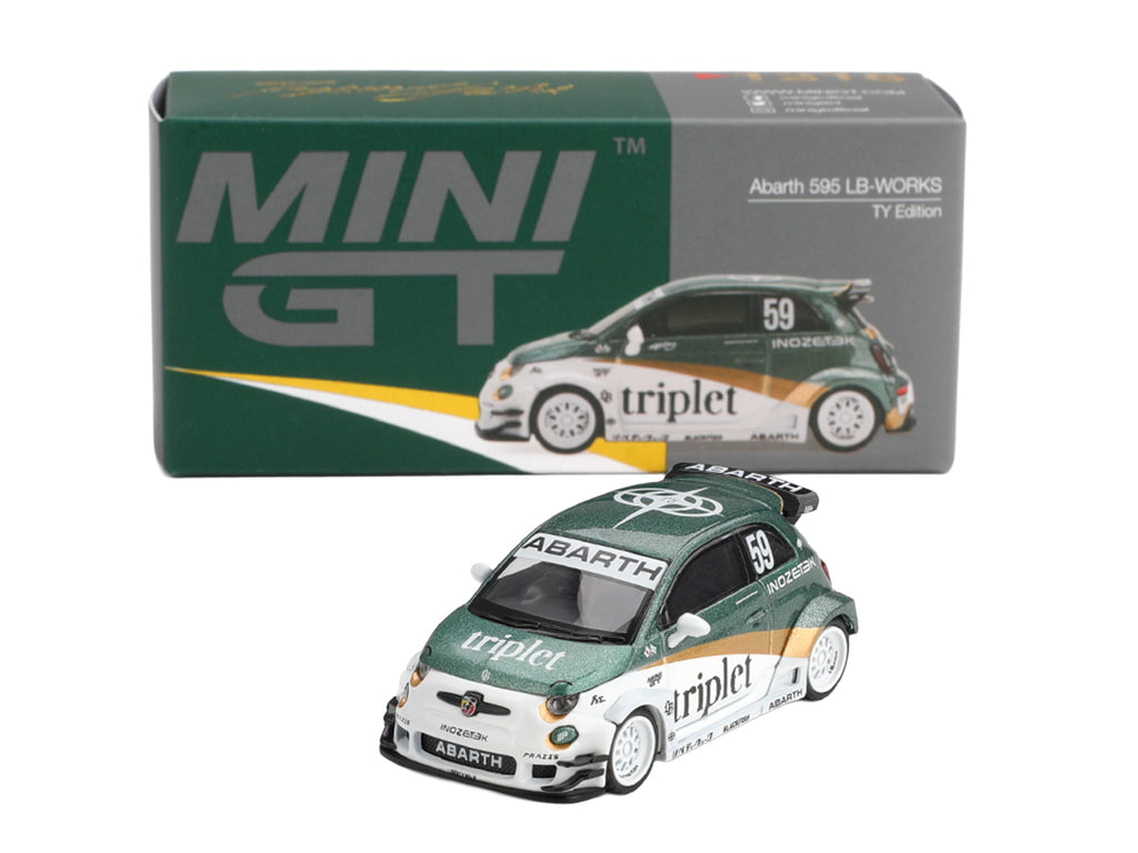 Abarth 595 LB-Works "TY Edition" #59 Green Metallic and White with Gold Stripes and Graphics Limited Edition 1/64 Die Cast Model Car by Mini GT - image 5