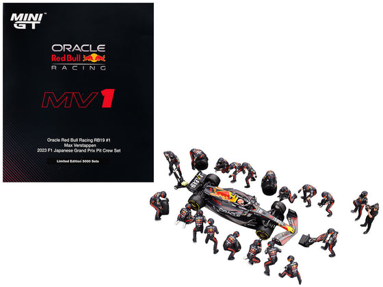 Red Bull RB19 #1 Max Verstappen Japanese GP 2023 Winner with Pit Crew 21-Piece Set, Limited Edition 5000, 1/64 by Mini GT