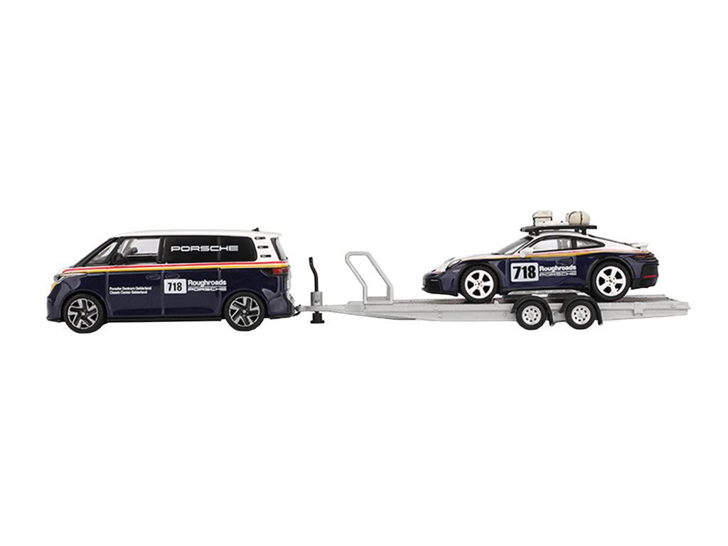 Porsche 911 Dakar #718 Blue and White with Roof Rack and Volkswagen ID. Buzz Blue and White with Flatbed Trailer "Porsche Centrum Gelderland Roughroads" Set of 3 pieces Limited Edition 1/64 Diecast Model Car by Mini GT