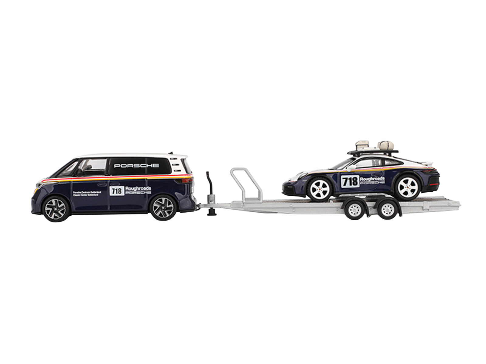Porsche 911 Dakar #718 Blue and White with Roof Rack and Volkswagen ID. Buzz Blue and White with Flatbed Trailer "Porsche Centrum Gelderland Roughroads" Set of 3 pieces Limited Edition 1/64 Diecast Model Car by Mini GT