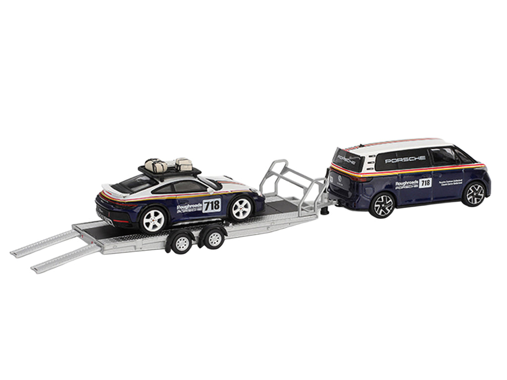 Porsche 911 Dakar #718 Blue and White with Roof Rack and Volkswagen ID. Buzz Blue and White with Flatbed Trailer "Porsche Centrum Gelderland Roughroads" Set of 3 pieces Limited Edition 1/64 Diecast Model Car by Mini GT
