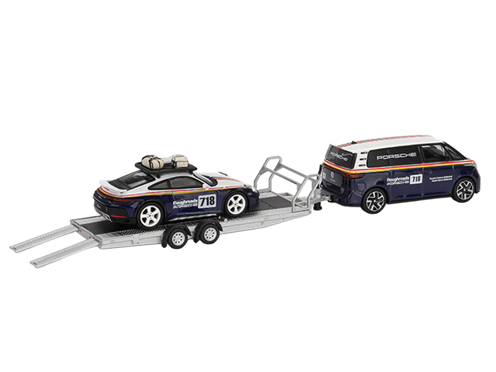 Porsche 911 Dakar #718 Blue and White with Roof Rack and Volkswagen ID. Buzz Blue and White with Flatbed Trailer "Porsche Centrum Gelderland Roughroads" Set of 3 pieces Limited Edition 1/64 Diecast Model Car by Mini GT