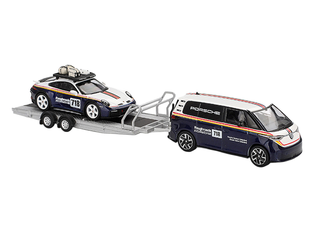 Porsche 911 Dakar #718 Blue and White with Roof Rack and Volkswagen ID. Buzz Blue and White with Flatbed Trailer "Porsche Centrum Gelderland Roughroads" Set of 3 pieces Limited Edition 1/64 Diecast Model Car by Mini GT