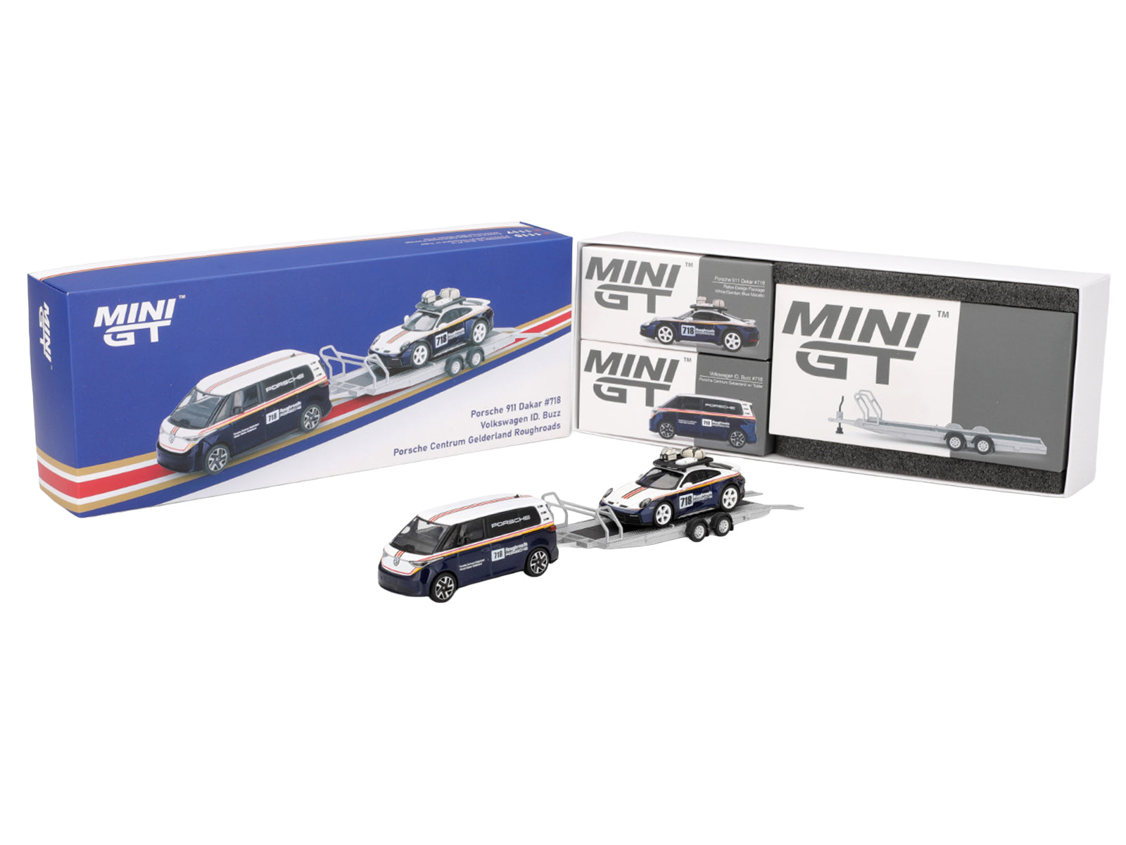 Porsche 911 Dakar #718 Blue and White with Roof Rack and Volkswagen ID. Buzz Blue and White with Flatbed Trailer "Porsche Centrum Gelderland Roughroads" Set of 3 pieces Limited Edition 1/64 Diecast Model Car by Mini GT