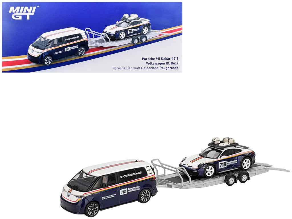Porsche 911 Dakar #718 Blue and White with Roof Rack and Volkswagen ID. Buzz Blue and White with Flatbed Trailer "Porsche Centrum Gelderland Roughroads" Set of 3 pieces Limited Edition 1/64 Diecast Model Car by Mini GT