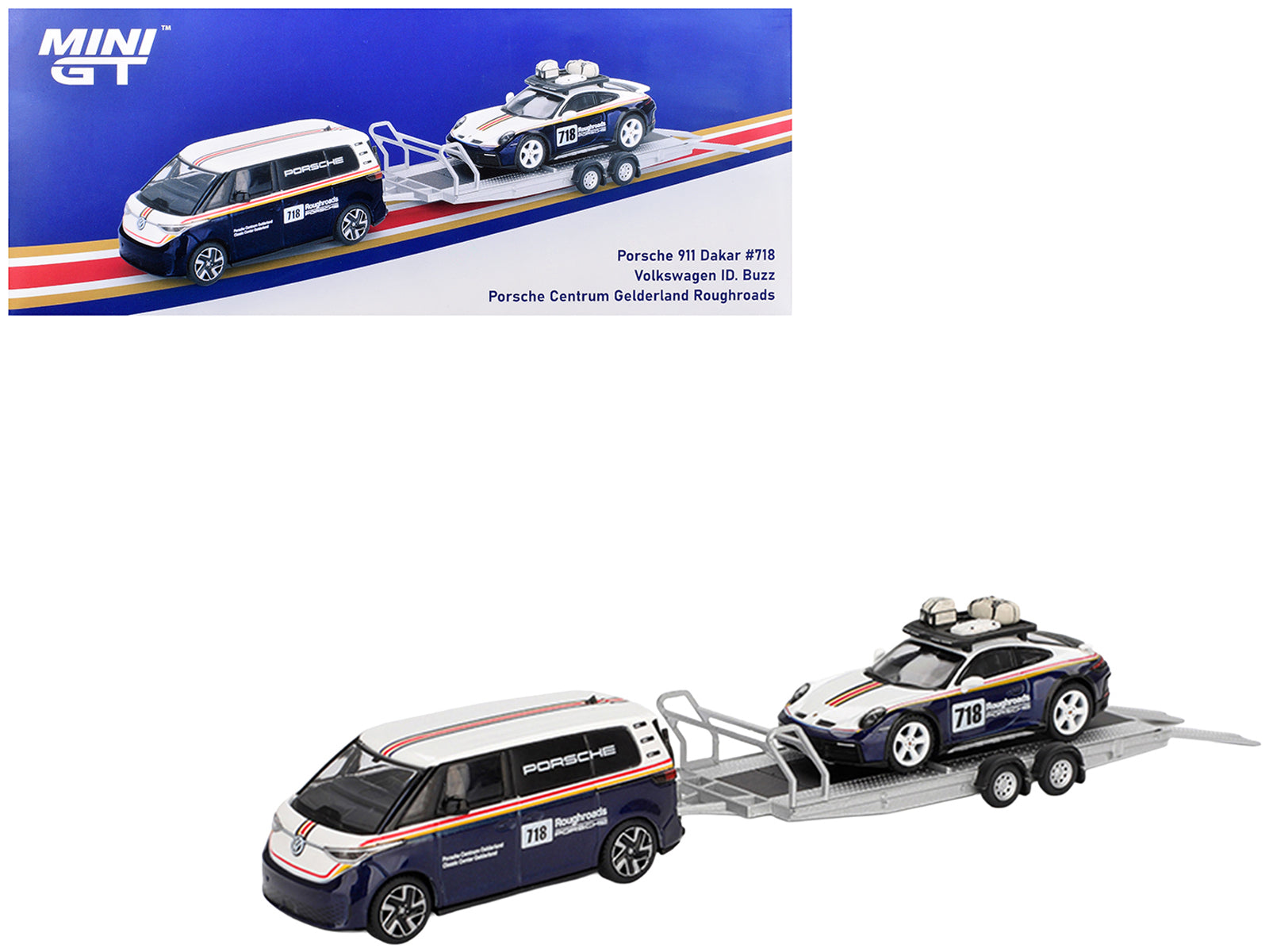 Porsche 911 Dakar #718 Blue and White with Roof Rack and Volkswagen ID. Buzz Blue and White with Flatbed Trailer "Porsche Centrum Gelderland Roughroads" Set of 3 pieces Limited Edition 1/64 Diecast Model Car by Mini GT