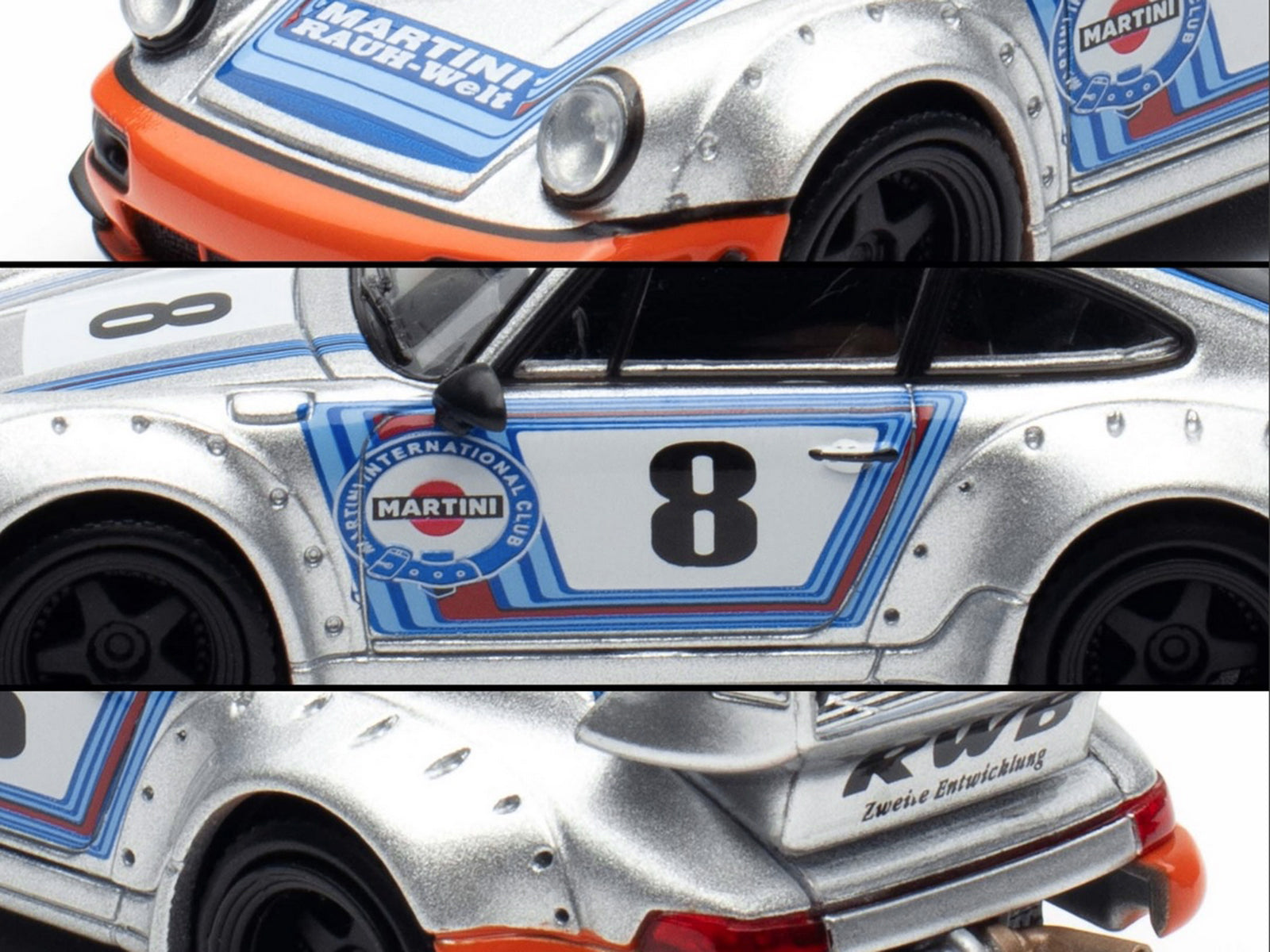 RWB 964 #8 "Ichiban Boshi - Martini Racing" Silver Metallic with Stripes 1/64 Diecast Model Car by Model Model - image 3