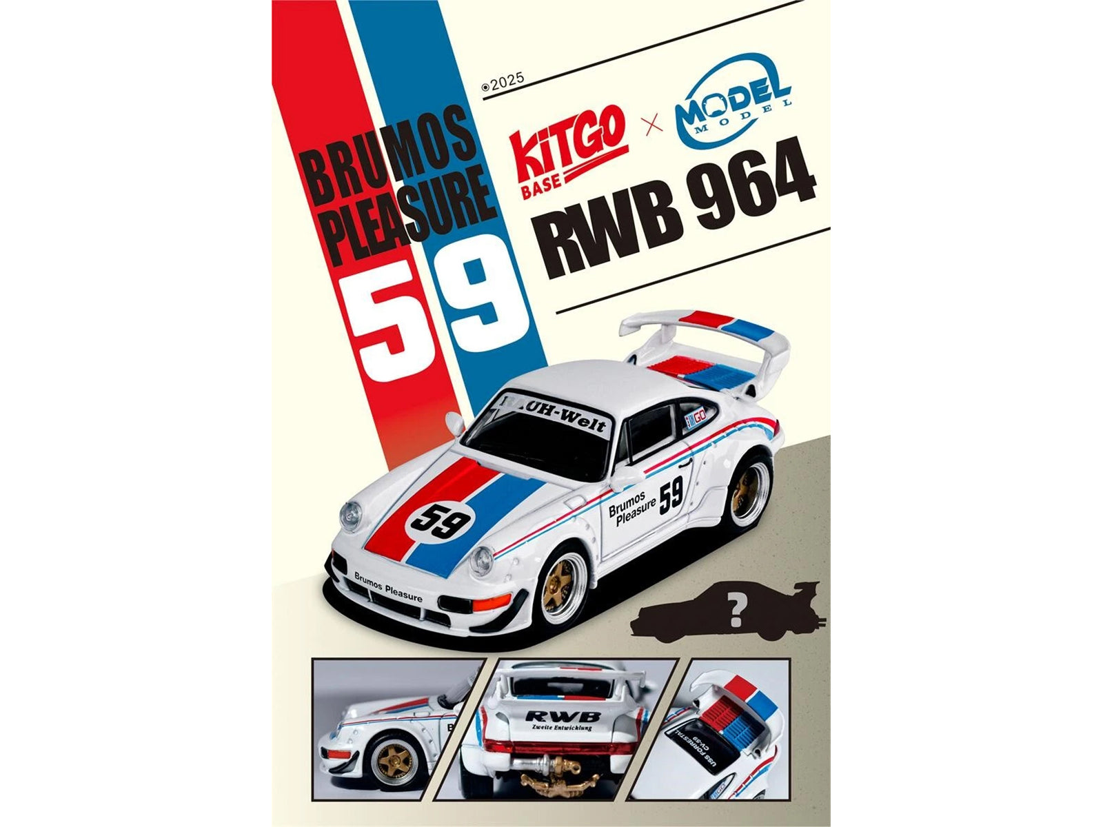 RWB 964 #59 "Brumos Pleasure" White with Red and Blue Stripes "KitGo Base" Series 1/64 Diecast Model Car by Model Model