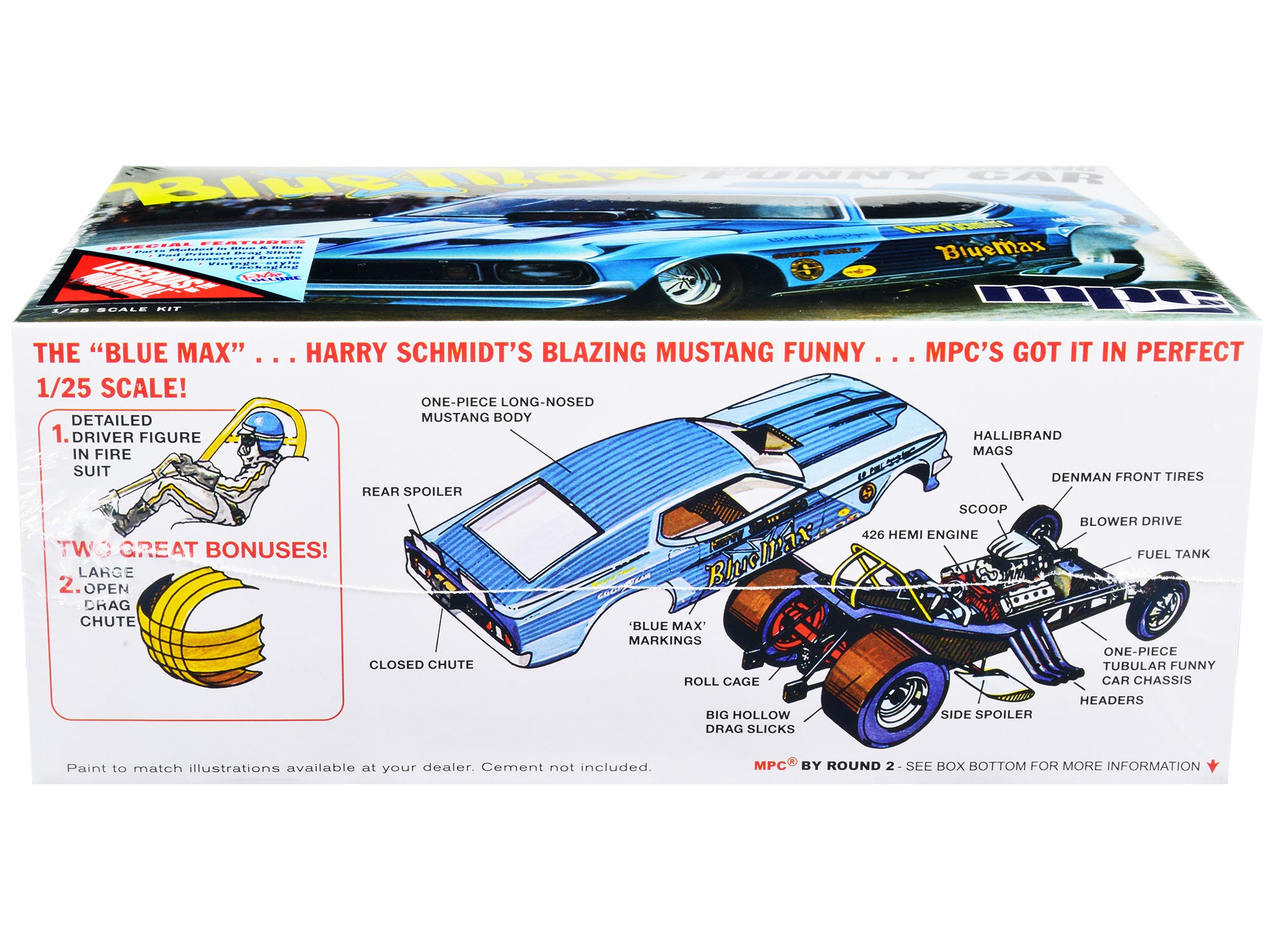 Skill 2 Model Kit "Blue Max" Long Nose Mustang Funny Car 1/25 Scale Model Car by MPC - image 3