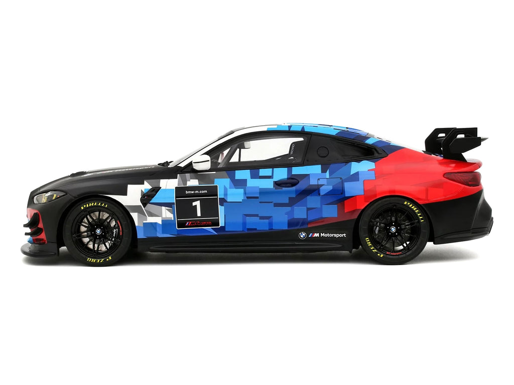2024 BMW M4 GT4 #1 "M Motorsport Livery" Black and White with Red and Blue Graphics Limited Edition to 999 pieces Worldwide 1/18 Model Car by Otto Mobile - image 4