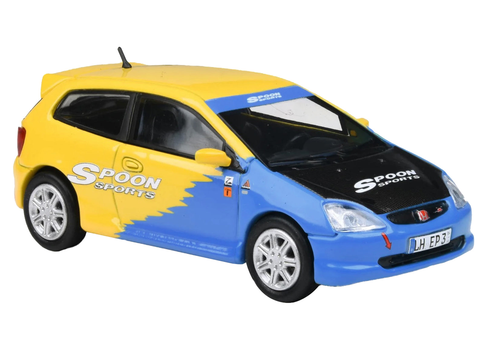 2001 Honda Civic Type R EP3 Blue and Yellow with Black Hood "Spoon Sports" 1/64 Diecast Model Car by Paragon Models - image 4