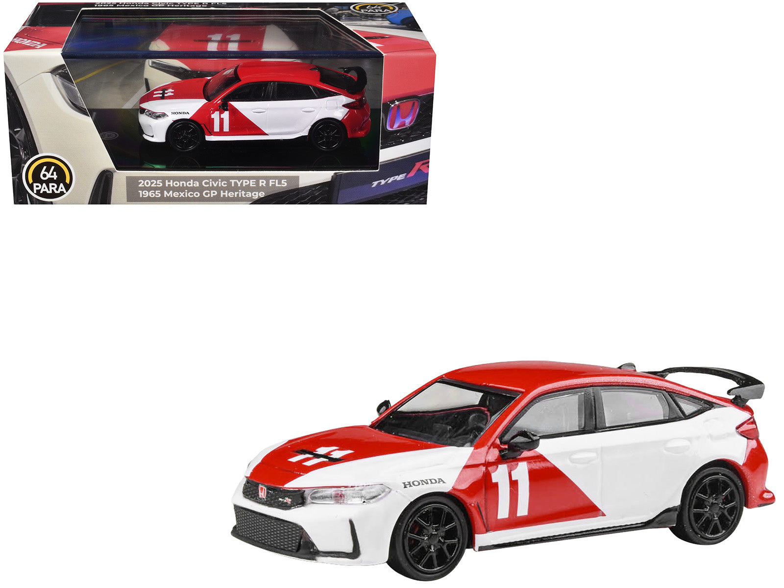2025 Honda Civic Type R FL5 #11 "1965 Mexico GP Heritage" Red and White 1/64 Diecast Model Car by Paragon Models