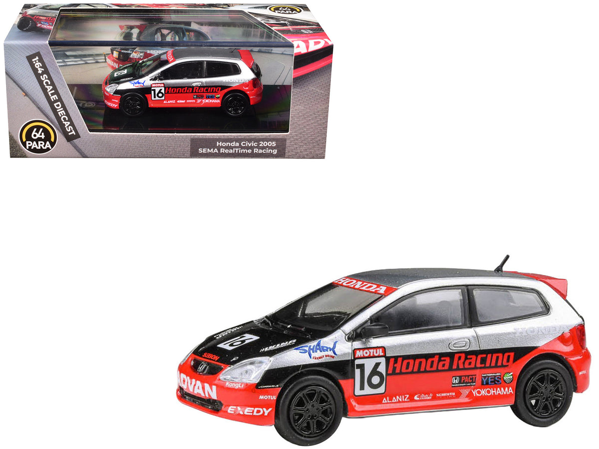 2005 Honda Civic #16 "SEMA RealTime Racing" Silver Metallic and Red with Black Graphics 1/64 Diecast Model Car by Paragon Models