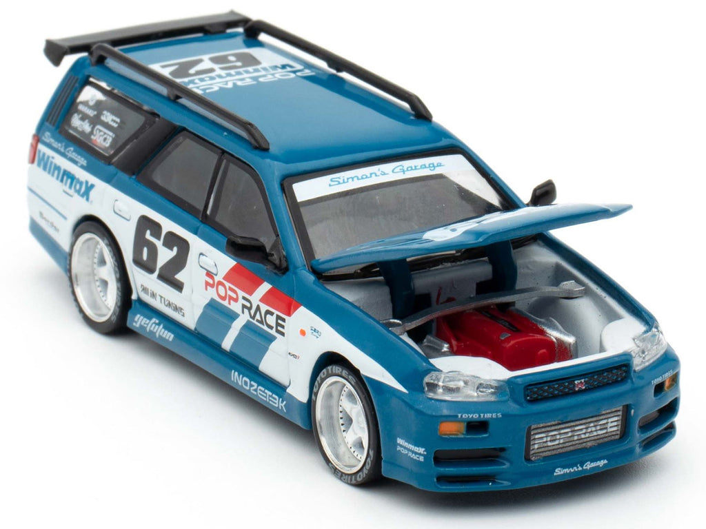 Nissan Stagea RHD (Right Hand Drive) #62 "Simon's Garage" Blue with White Sides 1/64 Diecast Model Car by Pop Race - image 2
