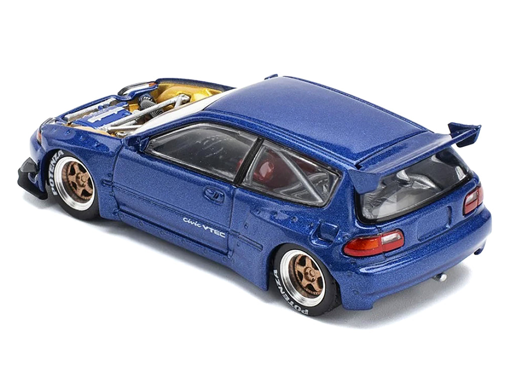 Pandem Civic EG6 VTEC RHD (Right Hand Drive) Blue Metallic with No Hood 1/64 Diecast Model Car by Pop Race - image 4