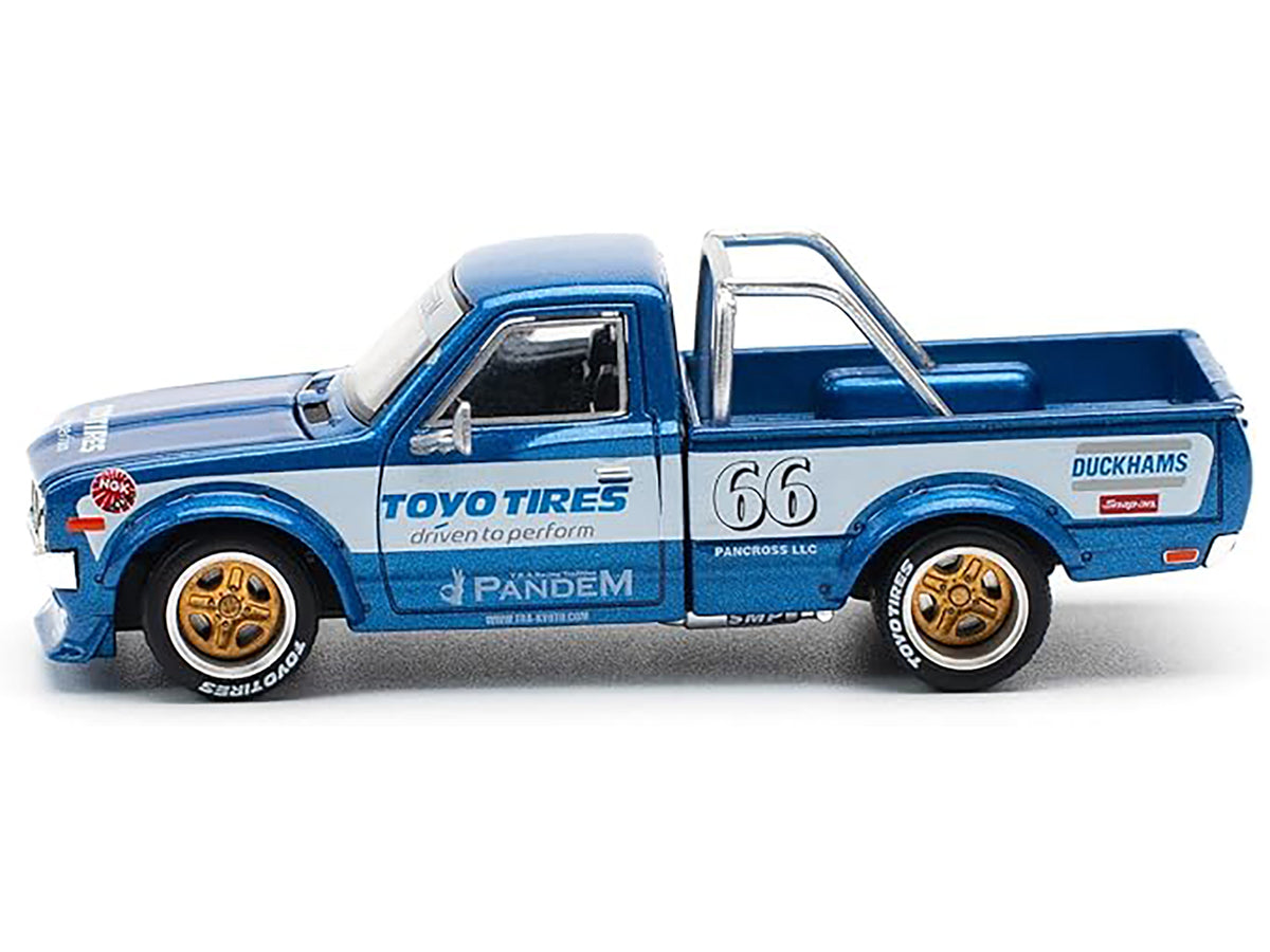 Datsun Pandem 620 Pickup Truck #66 Blue Metallic with White Stripes and Graphics 1/64 Diecast Model Car by Pop Race - image 3