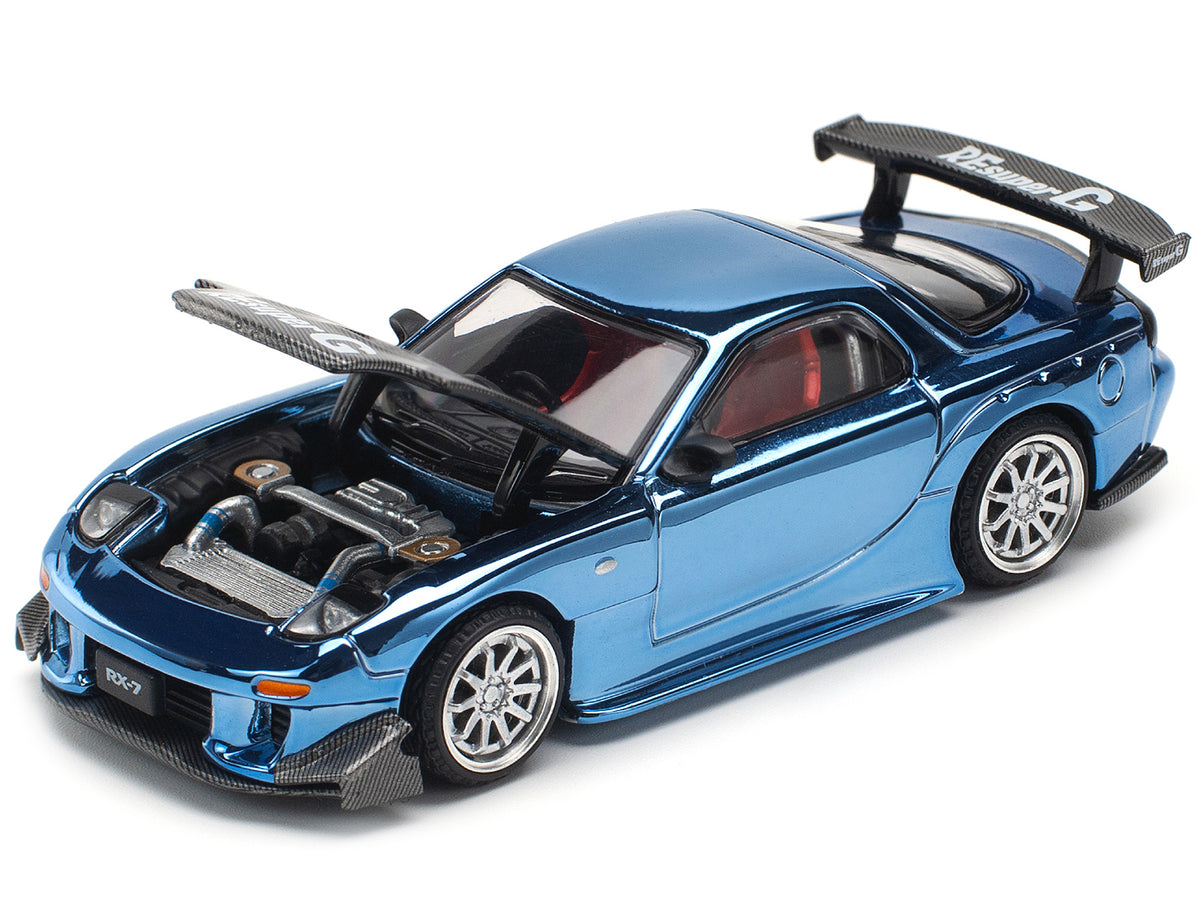 Mazda RX-7 RE-Amemiya Widebody RHD (Right Hand Drive) Blue Chrome with Carbon Hood 1/64 Diecast Model Car by Pop Race - image 2