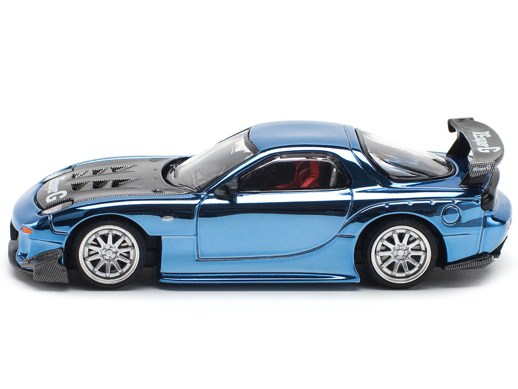 Mazda RX-7 RE-Amemiya Widebody RHD (Right Hand Drive) Blue Chrome with Carbon Hood 1/64 Diecast Model Car by Pop Race - image 3