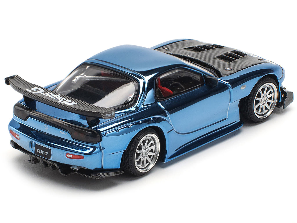 Mazda RX-7 RE-Amemiya Widebody RHD (Right Hand Drive) Blue Chrome with Carbon Hood 1/64 Diecast Model Car by Pop Race - image 4