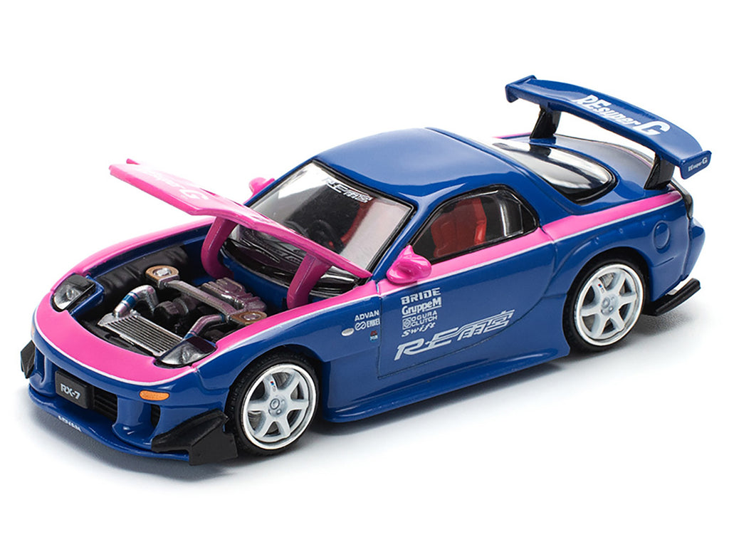 Mazda RX-7 RE-Amemiya Widebody RHD (Right Hand Drive) Blue with Pink Hood and Stripes 1/64 Diecast Model Car by Pop Race - image 2