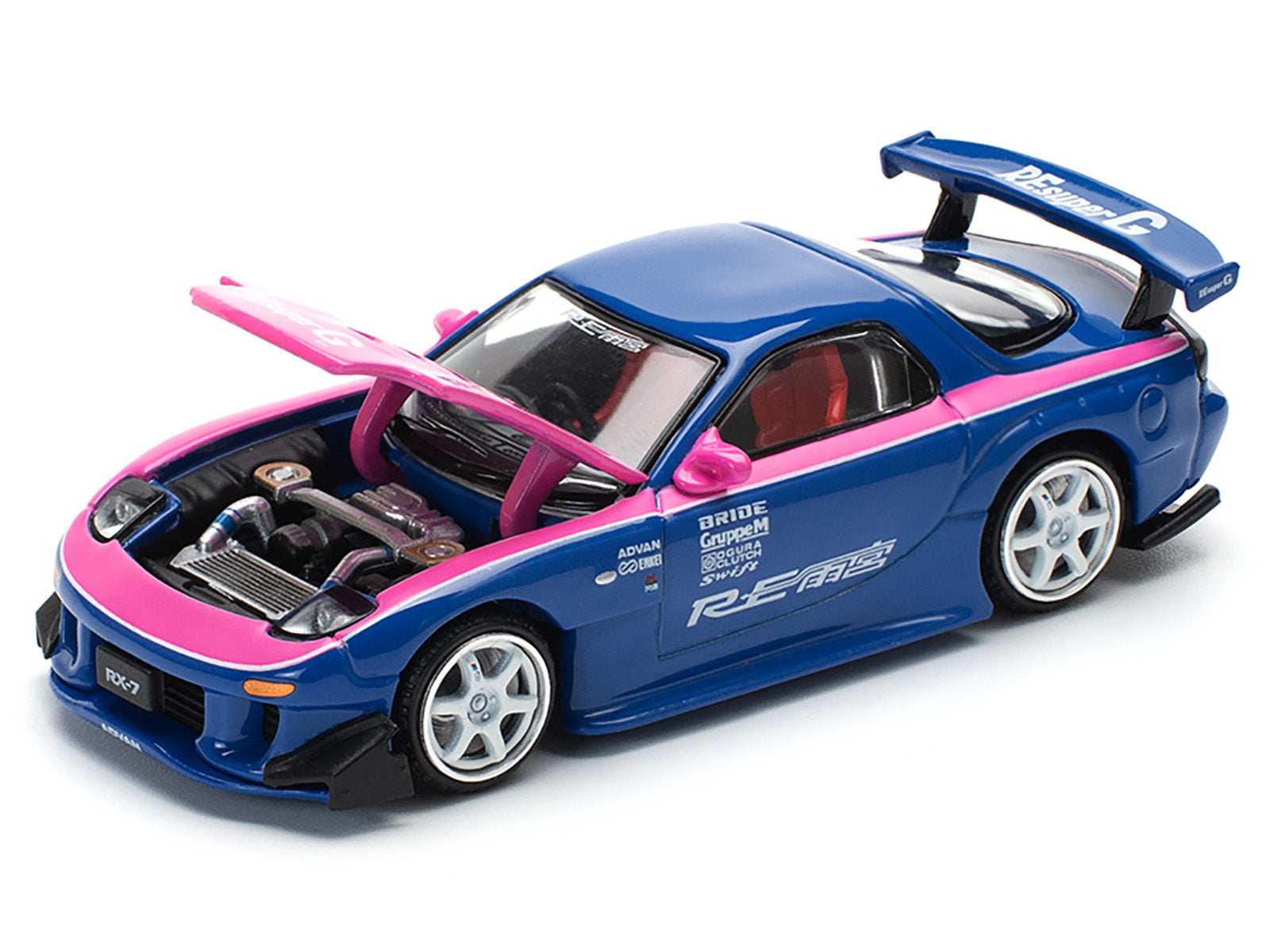 Mazda RX-7 RE-Amemiya Widebody RHD (Right Hand Drive) Blue with Pink Hood and Stripes 1/64 Diecast Model Car by Pop Race - image 2