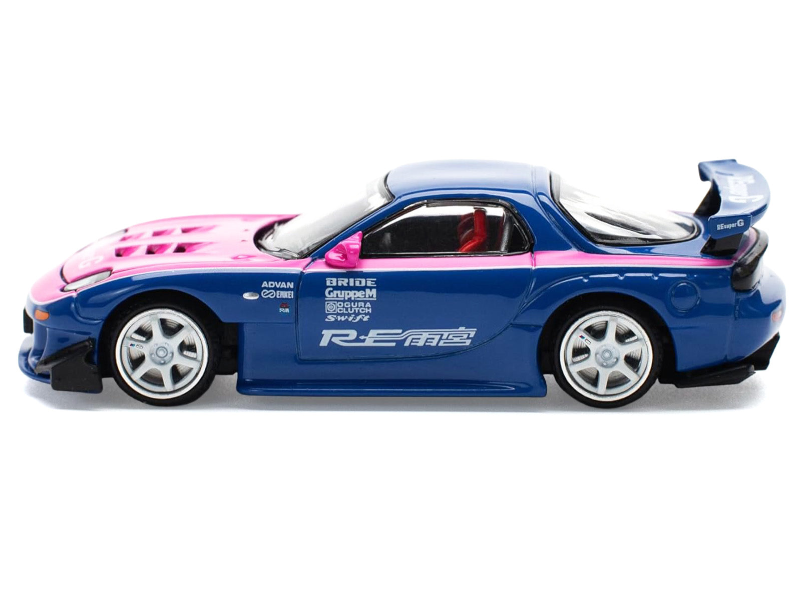 Mazda RX-7 RE-Amemiya Widebody RHD (Right Hand Drive) Blue with Pink Hood and Stripes 1/64 Diecast Model Car by Pop Race - image 3