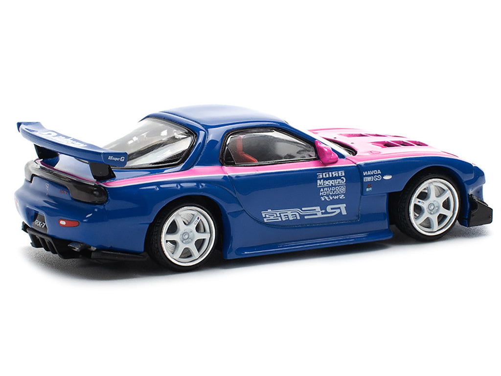 Mazda RX-7 RE-Amemiya Widebody RHD (Right Hand Drive) Blue with Pink Hood and Stripes 1/64 Diecast Model Car by Pop Race - image 5