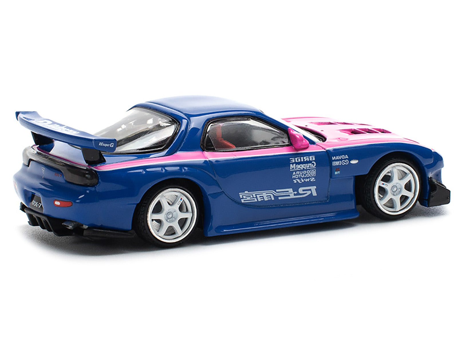 Mazda RX-7 RE-Amemiya Widebody RHD (Right Hand Drive) Blue with Pink Hood and Stripes 1/64 Diecast Model Car by Pop Race - image 5