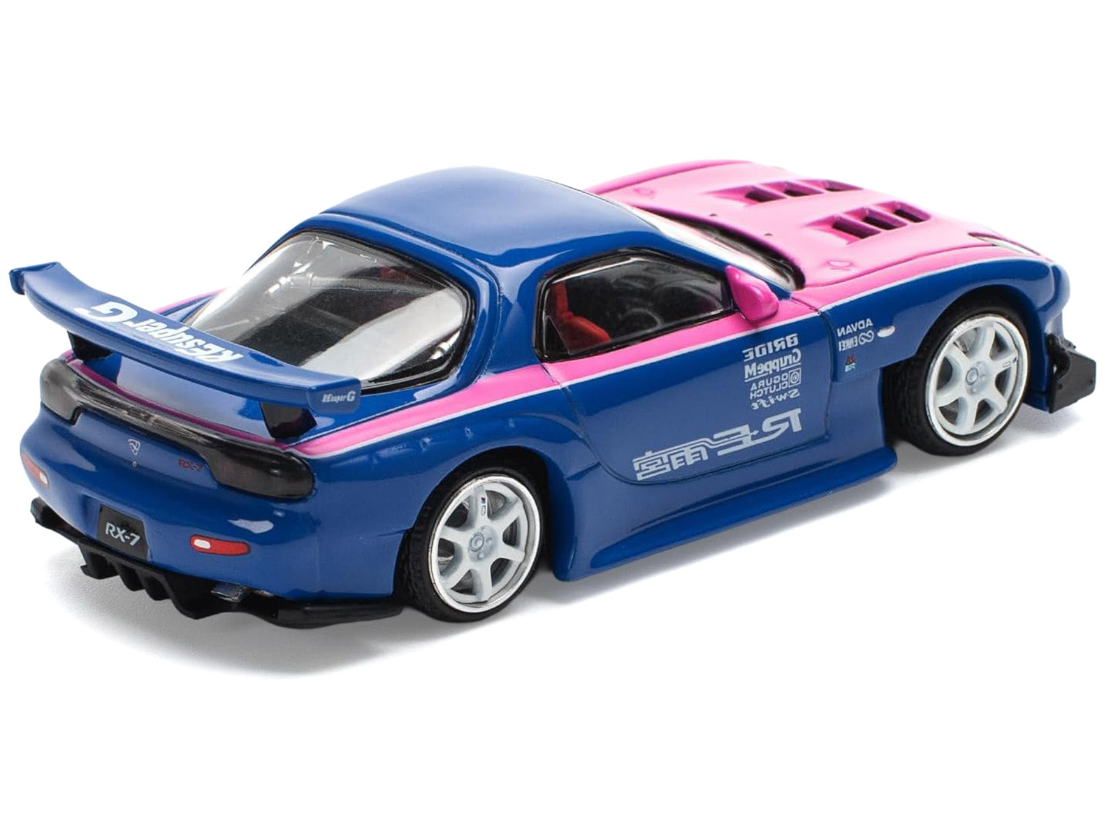 Mazda RX-7 RE-Amemiya Widebody RHD (Right Hand Drive) Blue with Pink Hood and Stripes 1/64 Diecast Model Car by Pop Race - image 4