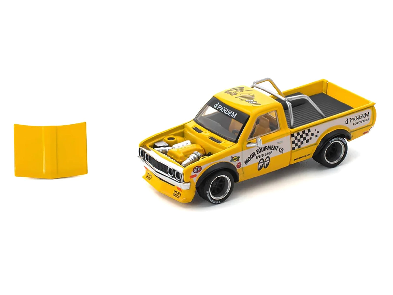 Datsun Pandem 620 Pickup Truck "MoonEyes" Yellow with White Sides and Graphics 1/64 Diecast Model Car by Pop Race - image 2