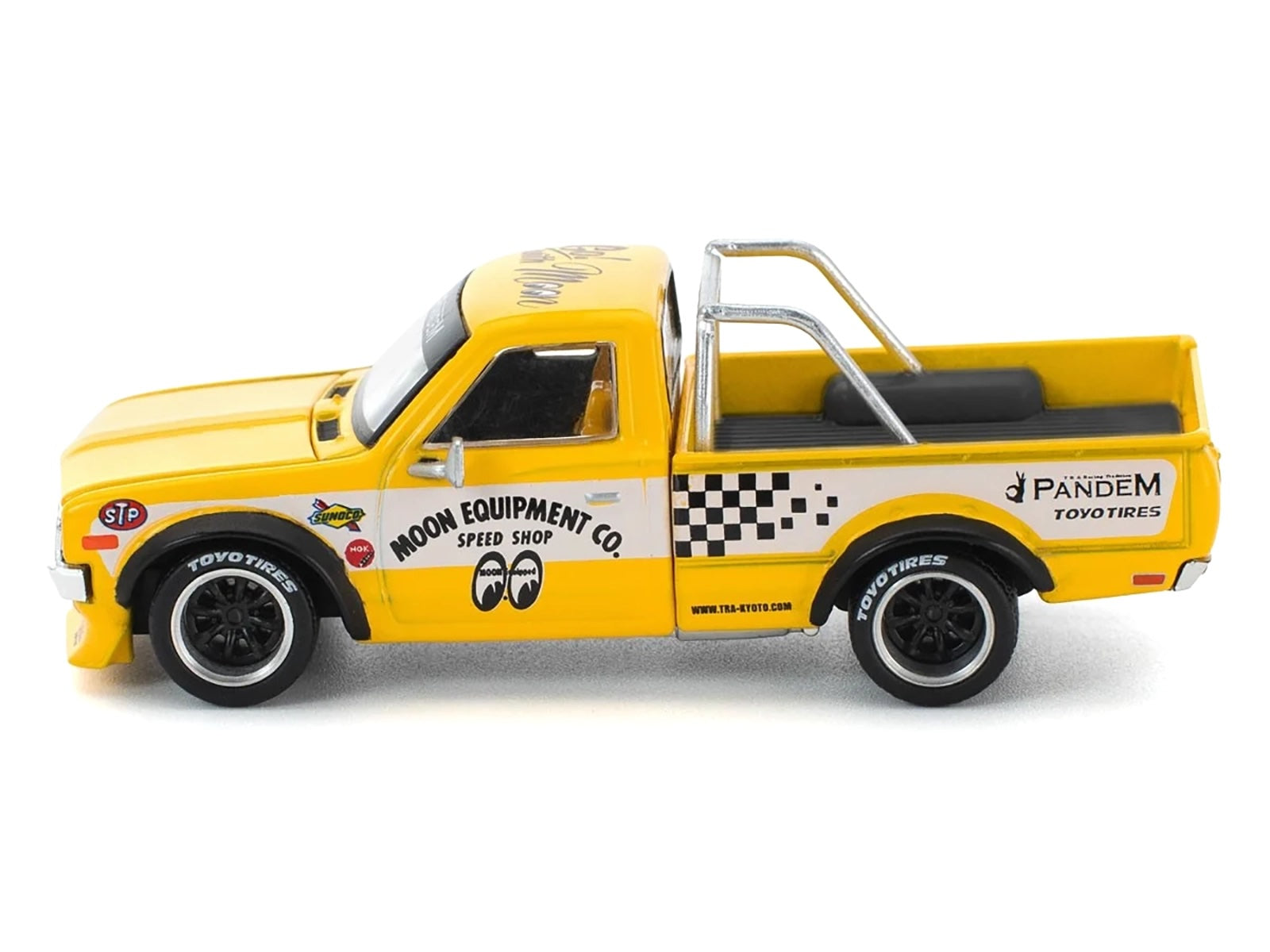Datsun Pandem 620 Pickup Truck "MoonEyes" Yellow with White Sides and Graphics 1/64 Diecast Model Car by Pop Race - image 3