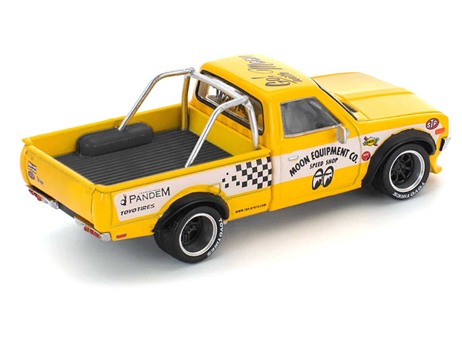 Datsun Pandem 620 Pickup Truck "MoonEyes" Yellow with White Sides and Graphics 1/64 Diecast Model Car by Pop Race - image 4