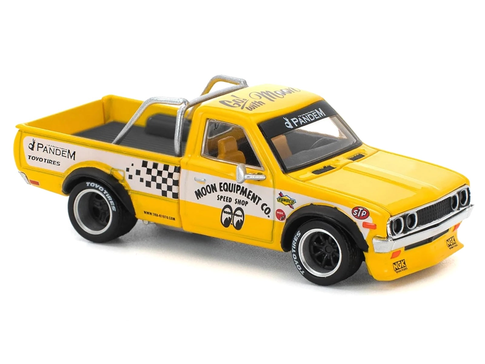 Datsun Pandem 620 Pickup Truck "MoonEyes" Yellow with White Sides and Graphics 1/64 Diecast Model Car by Pop Race - image 5