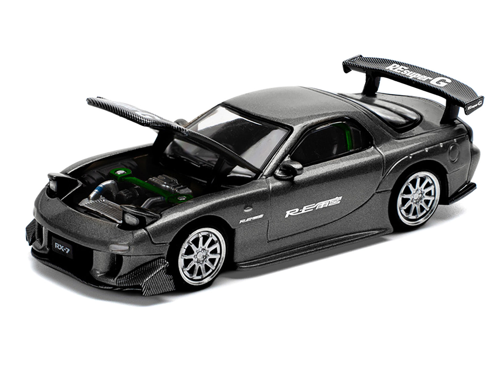 Mazda RX7 (FD) "RE Amemiya" Widebody RHD (Right Hand Drive) Gunmetal Gray Metallic with Carbon Hood 1/64 Diecast Model Car by Pop Race - image 2