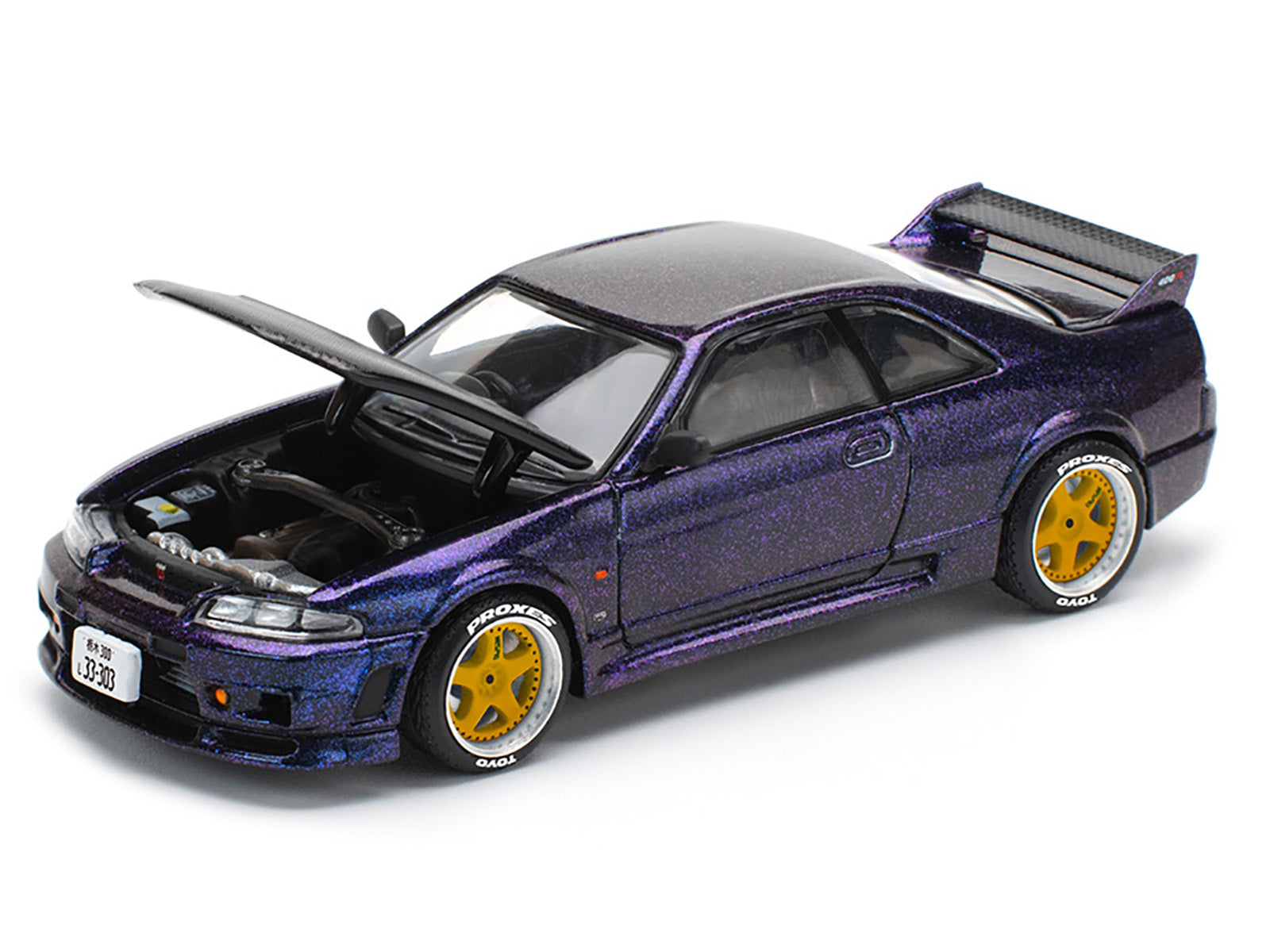 Skyline GT-R (R33) RHD (Right Hand Drive) Midnight Purple Metallic with Carbon Hood 1/64 Diecast Model Car by Pop Race - image 2