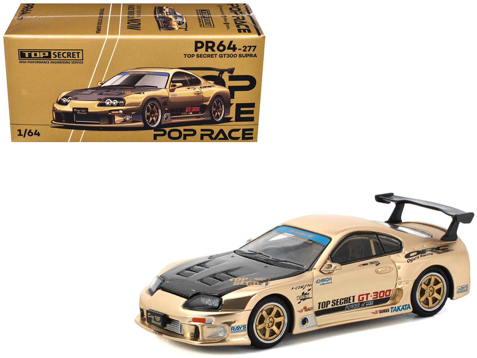 Toyota Supra "Top Secret" GT300 RHD (Right Hand Drive) Gold Metallic with Carbon Hood 1/64 Diecast Model Car by Pop Race