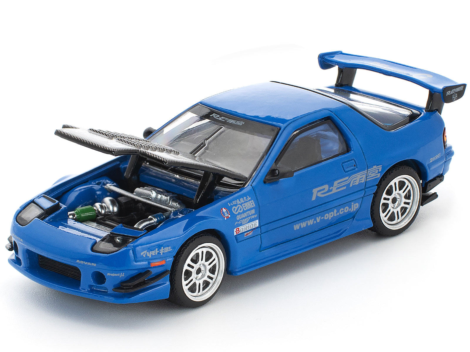 Mazda RX7 (FC3S) RE Amemiya RHD (Right Hand Drive) Blue Metallic with Carbon Hood 1/64 Diecast Model Car by Pop Race - image 2