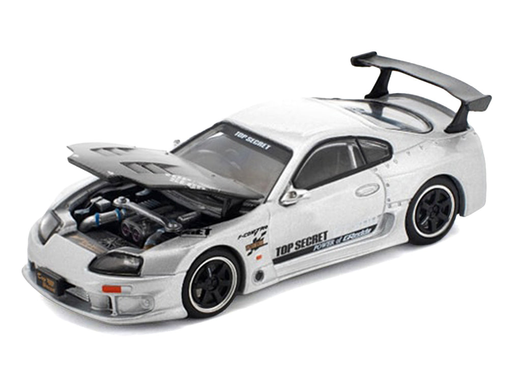 Toyota Supra "Top Secret" GT300 RHD (Right Hand Drive) Silver Metallic with Carbon Hood 1/64 Diecast Model Car by Pop Race