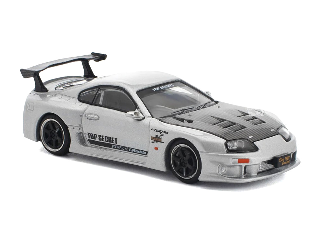 Toyota Supra "Top Secret" GT300 RHD (Right Hand Drive) Silver Metallic with Carbon Hood 1/64 Diecast Model Car by Pop Race