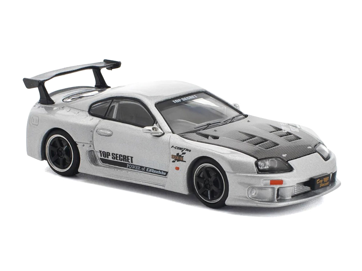 Toyota Supra "Top Secret" GT300 RHD (Right Hand Drive) Silver Metallic with Carbon Hood 1/64 Diecast Model Car by Pop Race