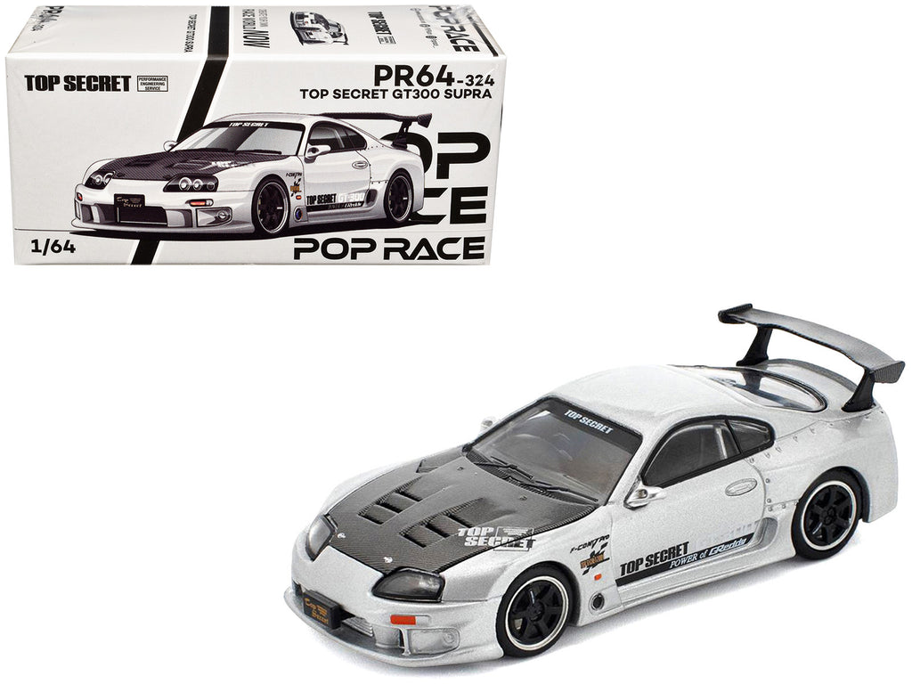 Toyota Supra "Top Secret" GT300 RHD (Right Hand Drive) Silver Metallic with Carbon Hood 1/64 Diecast Model Car by Pop Race
