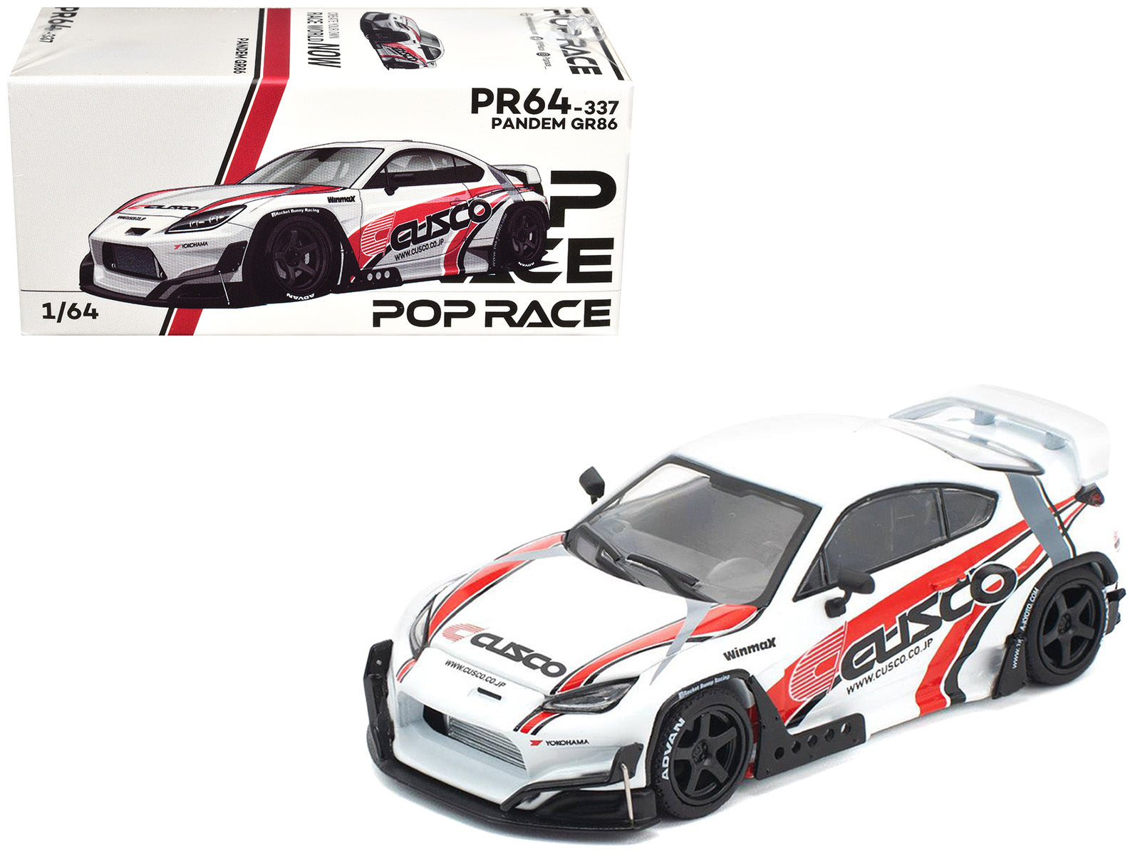 Toyota Pandem GR86 "Cusco" White with Racing Graphics 1/64 Diecast Model Car by Pop Race